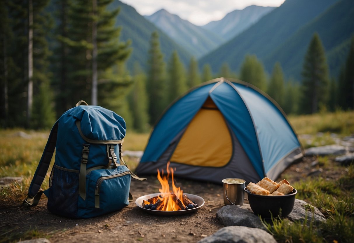 A mountain landscape with a tent, campfire, and backpack. A person's hand reaches for a VEL Blueberry 10 Camping Snack