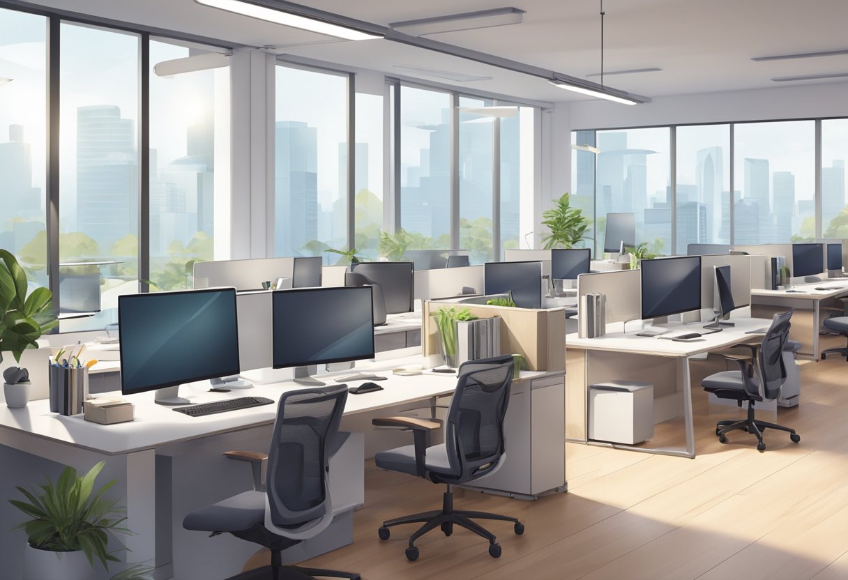 A spacious office with modular workstations, adjustable desks, and ergonomic chairs. Bright natural light floods the room, creating a productive and comfortable work environment