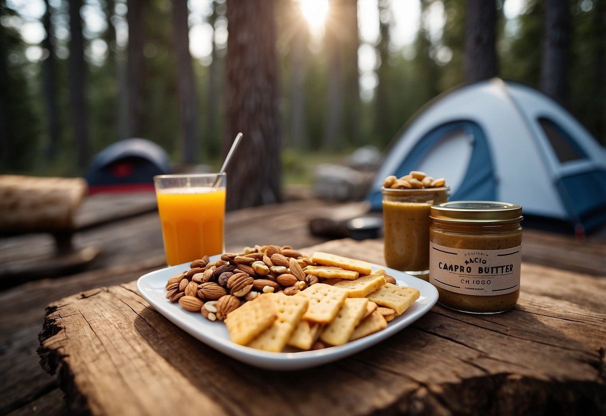 A campsite with a jar of TRAIL Butter Original Nut Butter Blend surrounded by various camping snacks, such as granola bars, dried fruit, and nuts, all arranged on a rustic wooden table