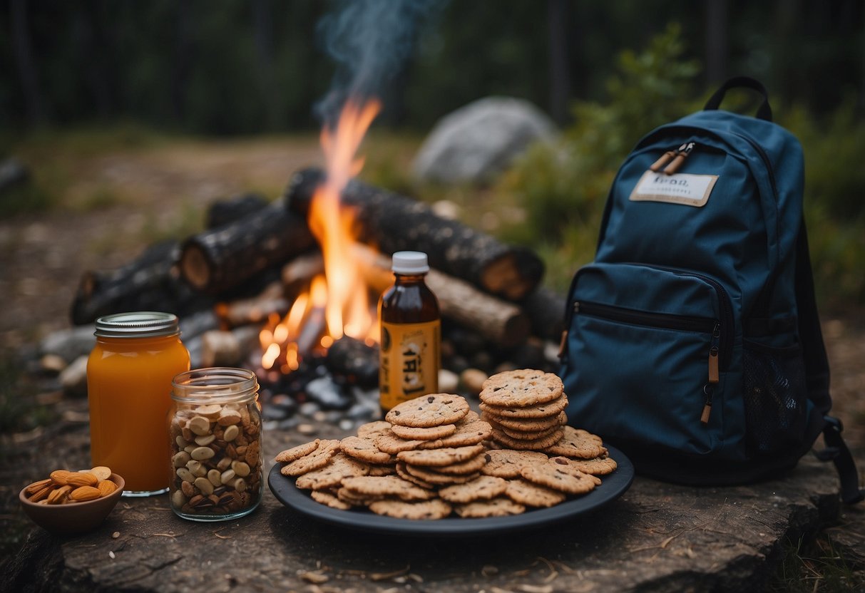 A campfire surrounded by various energizing snacks like nuts, granola bars, and dried fruits. A backpack and water bottle sit nearby. The scene exudes a sense of adventure and vitality