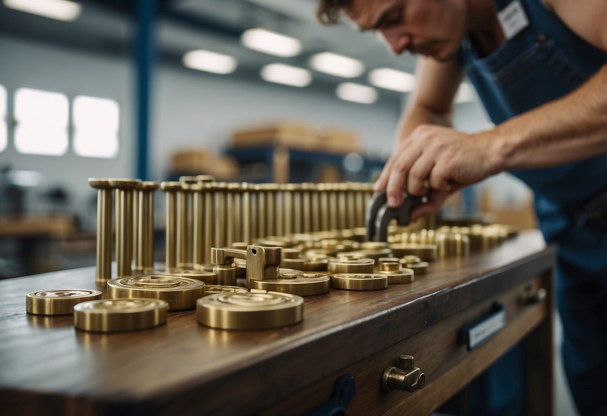 Brass furniture hardware being installed and maintained in a workshop setting. Tools and equipment are visible