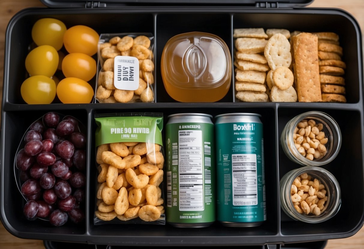 A variety of durable snacks are neatly organized and packed into a sturdy storage container, ready to be taken on a camping trip