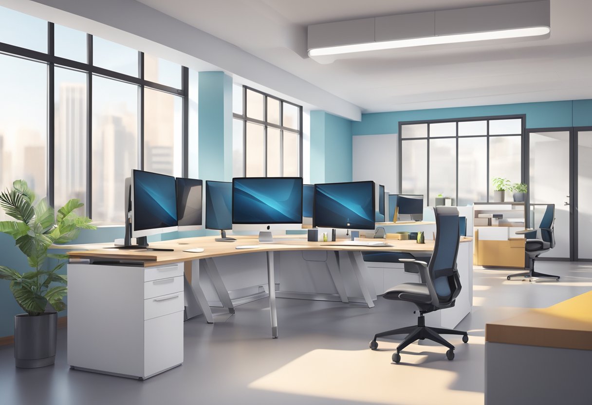 A modular workstation furniture set arranged in a spacious, well-lit office environment with clean, modern design and ergonomic features