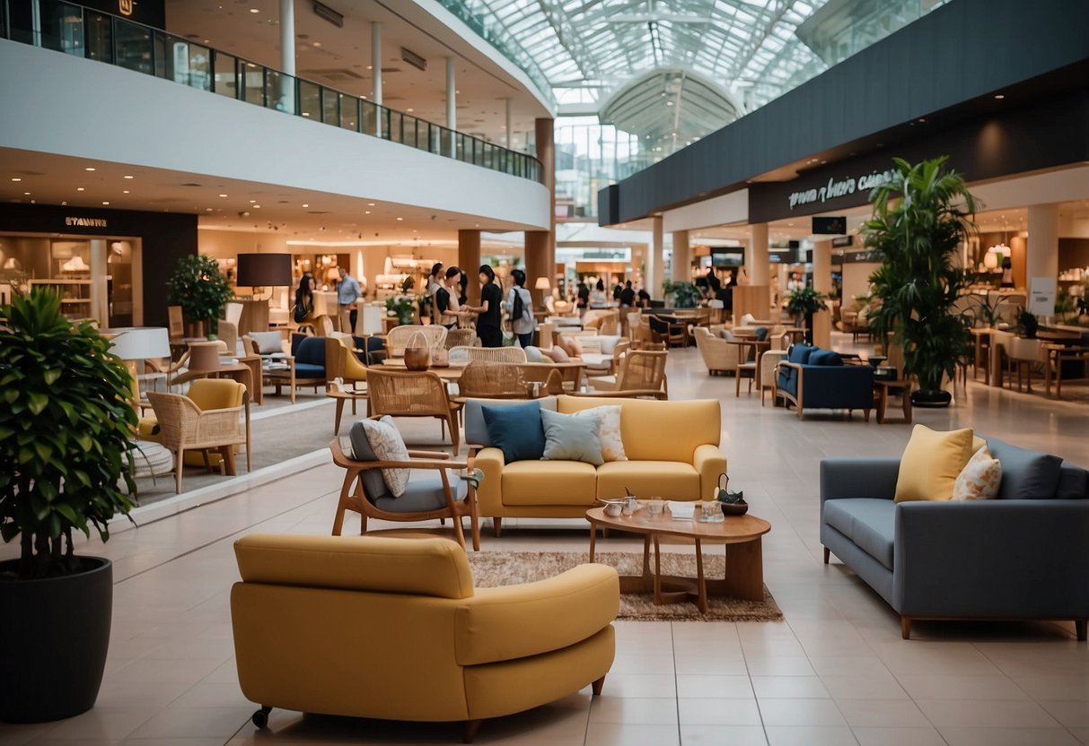 Customers browsing furniture displays in Paya Lebar mall. Various shops line the bright, spacious area, showcasing a wide range of furniture pieces