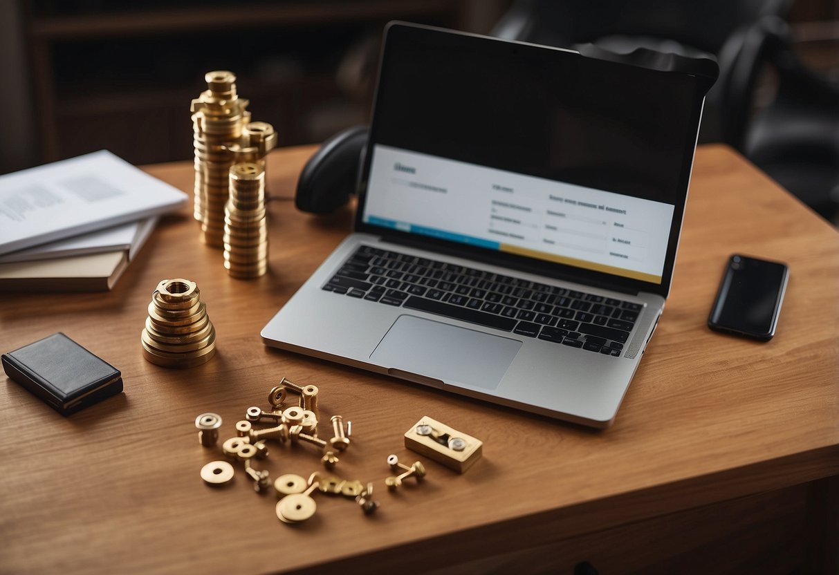 Brass furniture hardware arranged neatly on a wooden table with a stack of papers and a laptop in the background