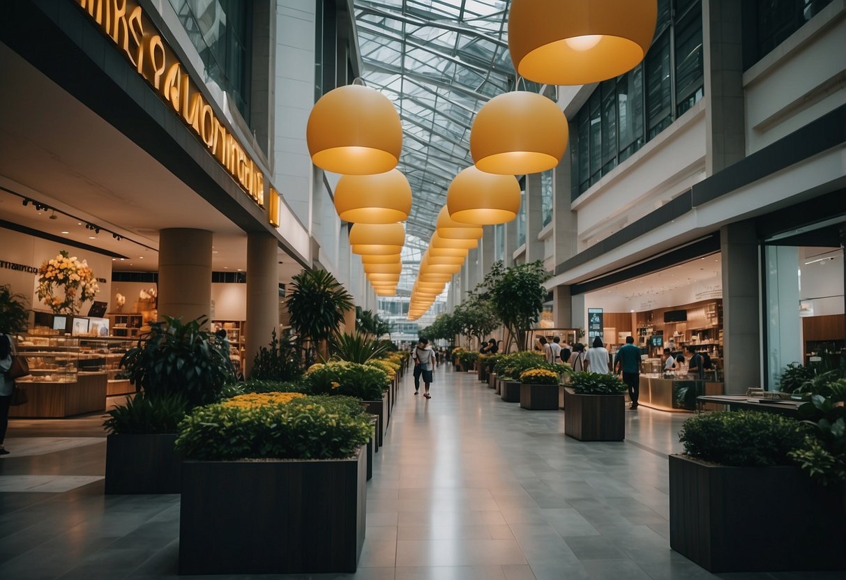 A bustling street with modern furniture stores, bright signage, and stylish displays in Singapore