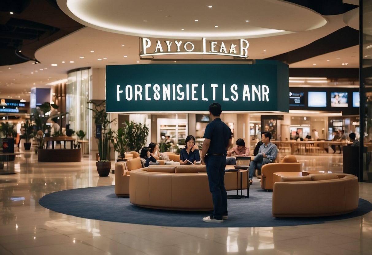 Customers browsing through furniture displays at Paya Lebar Mall, with a sign reading "Frequently Asked Questions" prominently displayed