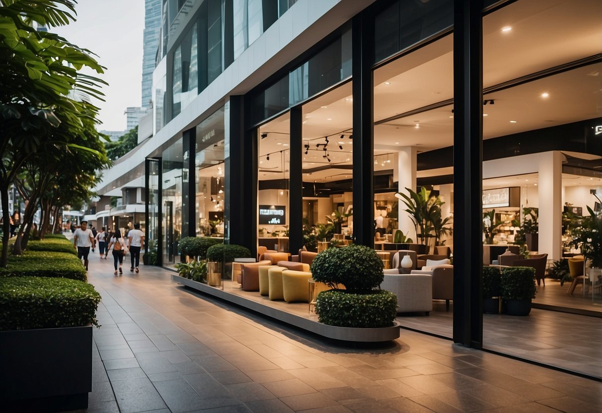 A bustling street lined with modern furniture stores in Singapore, showcasing a diverse range of stylish and functional pieces. Vibrant signage and sleek storefronts draw in shoppers seeking the latest trends in home decor