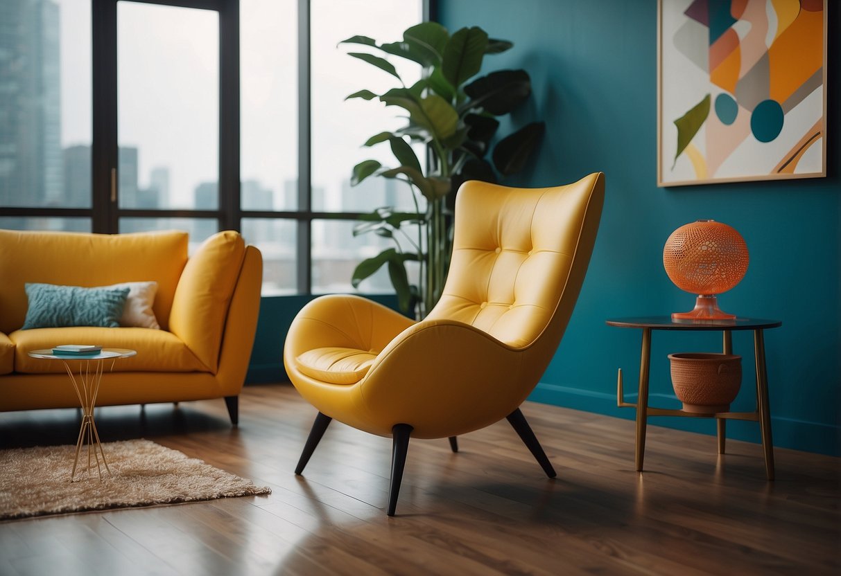 A vibrant mambo chair sits in a modern living room, surrounded by sleek furniture and colorful decor
