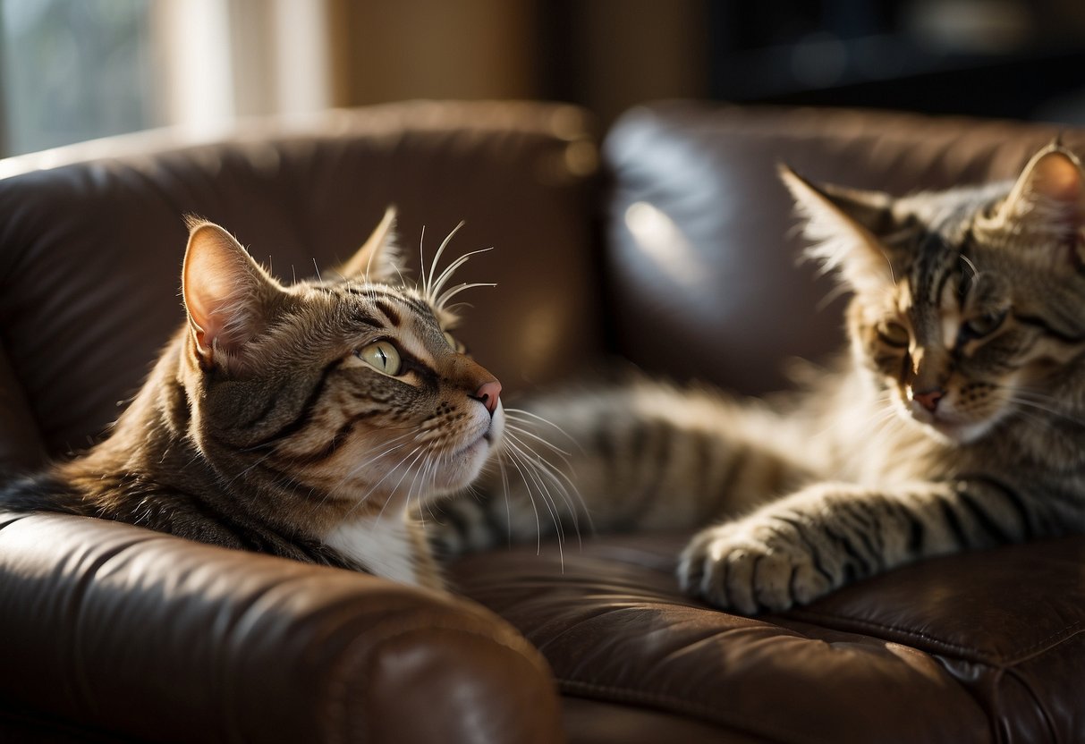 A cat scratches a leather couch, while another cat watches from a nearby perch