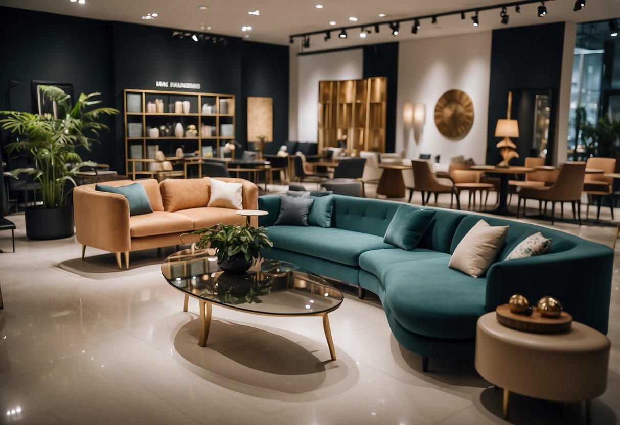 Customers browse modern furniture displays in Singapore stores. Brightly lit showrooms showcase sleek sofas and elegant dining sets