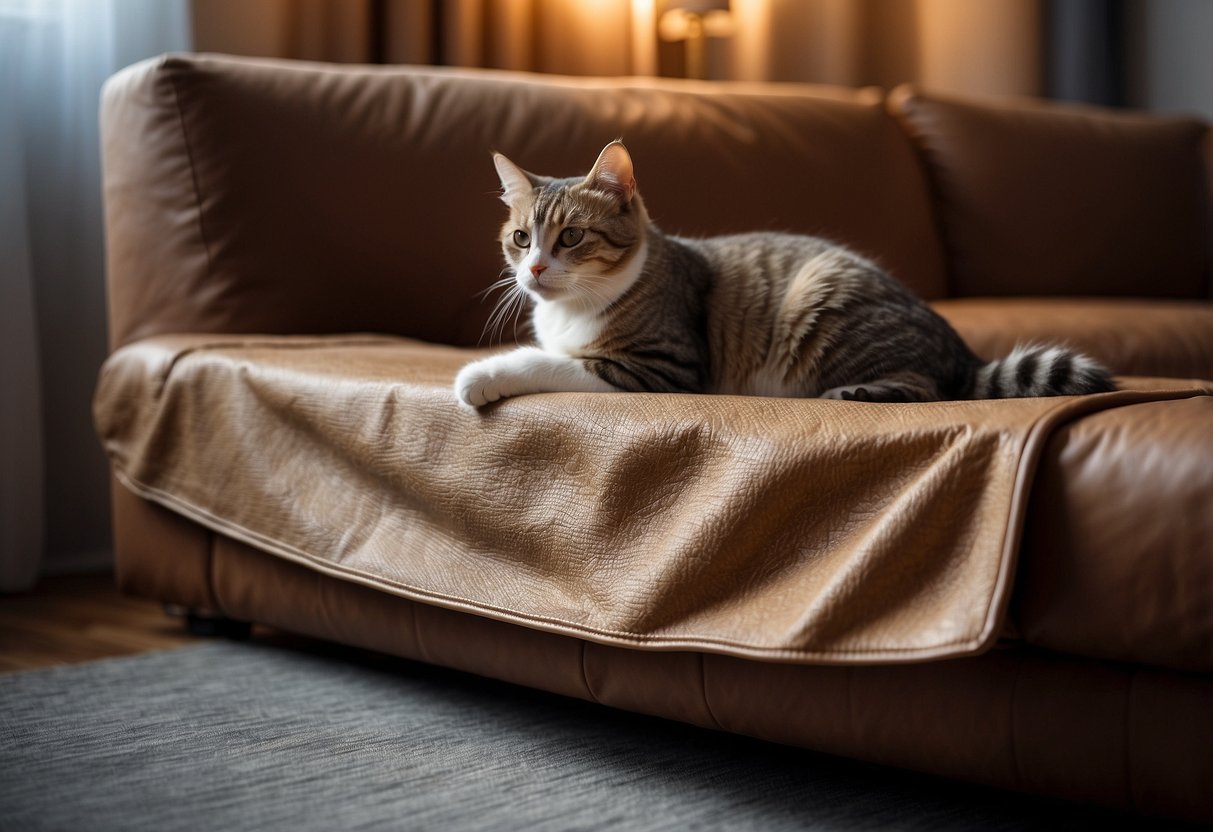 A cat-proof cover drapes over a leather sofa, with a scratching post nearby. Cats are seen playing with toys, instead of the furniture