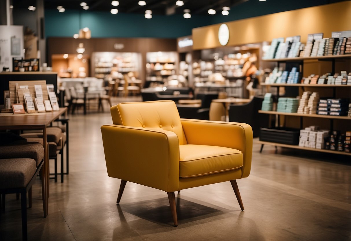 A mambo chair sits in a furniture store, surrounded by shoppers. Aftercare products are displayed nearby