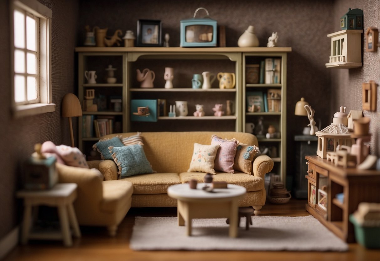 A small, cluttered room with mismatched, worn-out dollhouse furniture. A tiny sofa with frayed edges, a crooked table, and a lopsided bookshelf