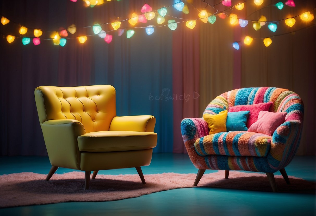 A colorful mambo chair surrounded by floating "Frequently Asked Questions" text and a whimsical backdrop of fantastic furniture