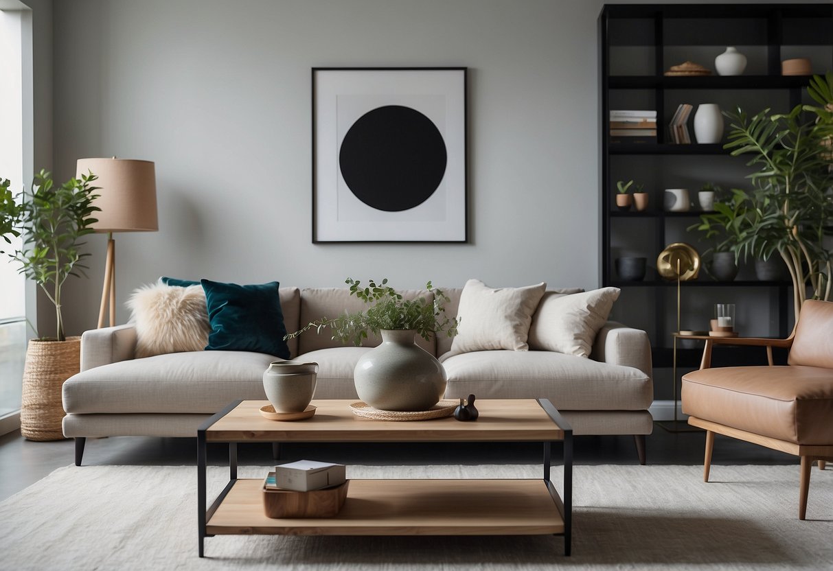 A modern living room with a sleek, minimalist BT furniture set, featuring clean lines and neutral colors, accented by a pop of vibrant decor