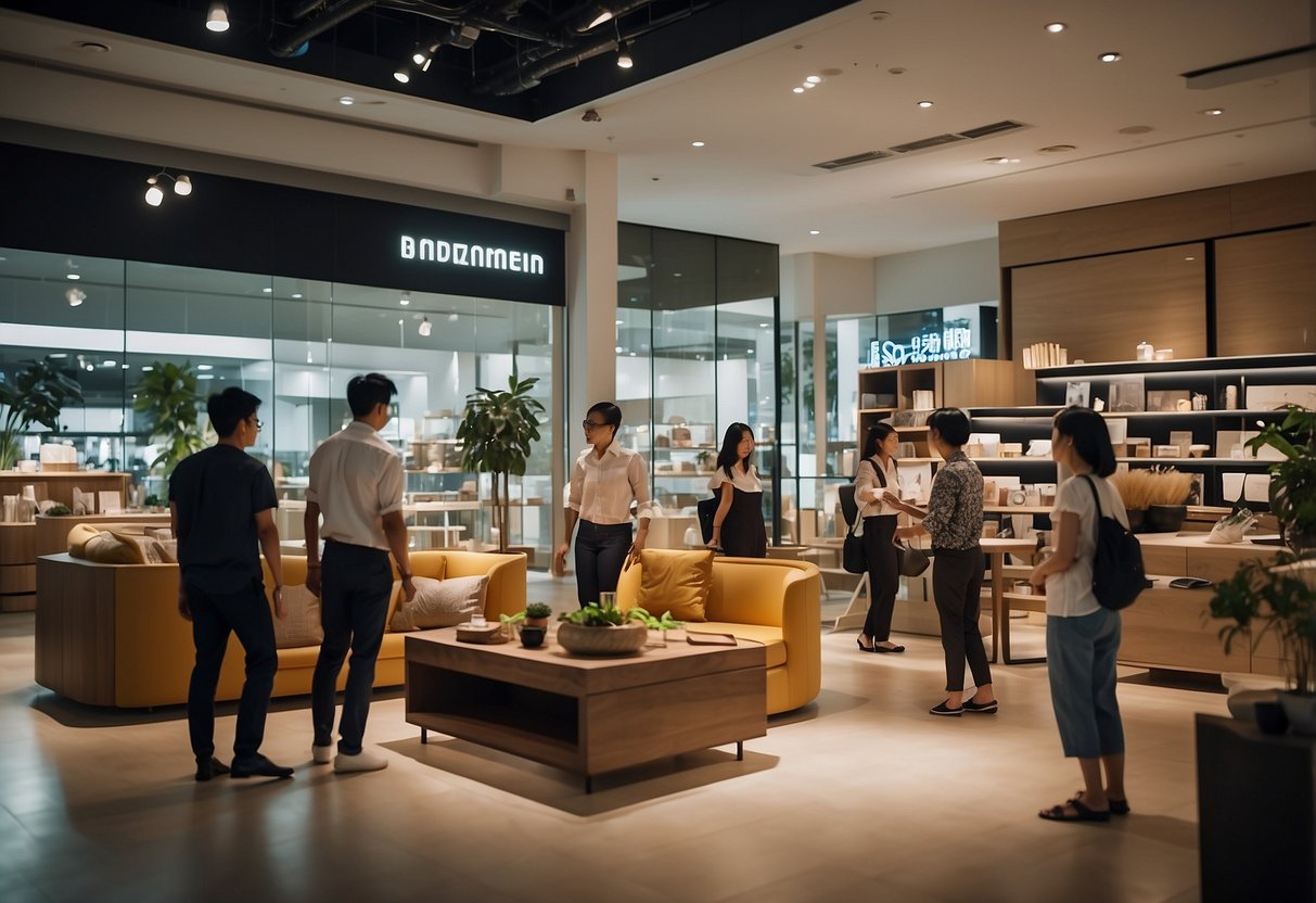 Customers browsing through furniture displays at a bustling store in Singapore, with staff assisting and answering frequently asked questions