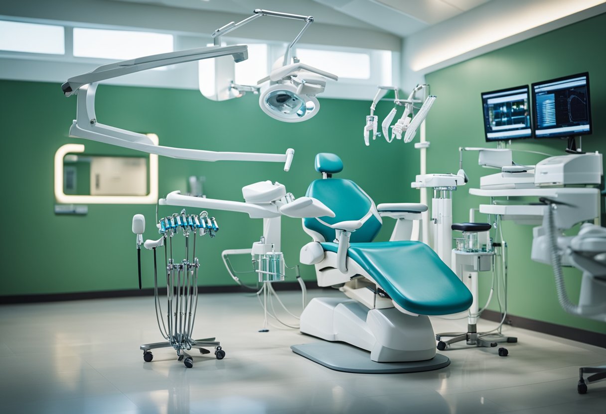 A dental chair with orthodontic tools and equipment neatly arranged on a table. A poster on the wall showcasing post-treatment care instructions