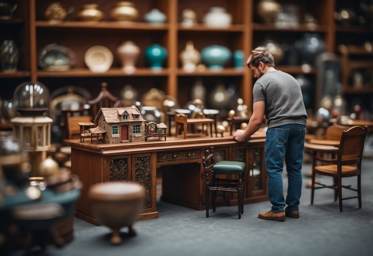 A person browsing through a variety of small-scale furniture items, comparing prices and looking for affordable options