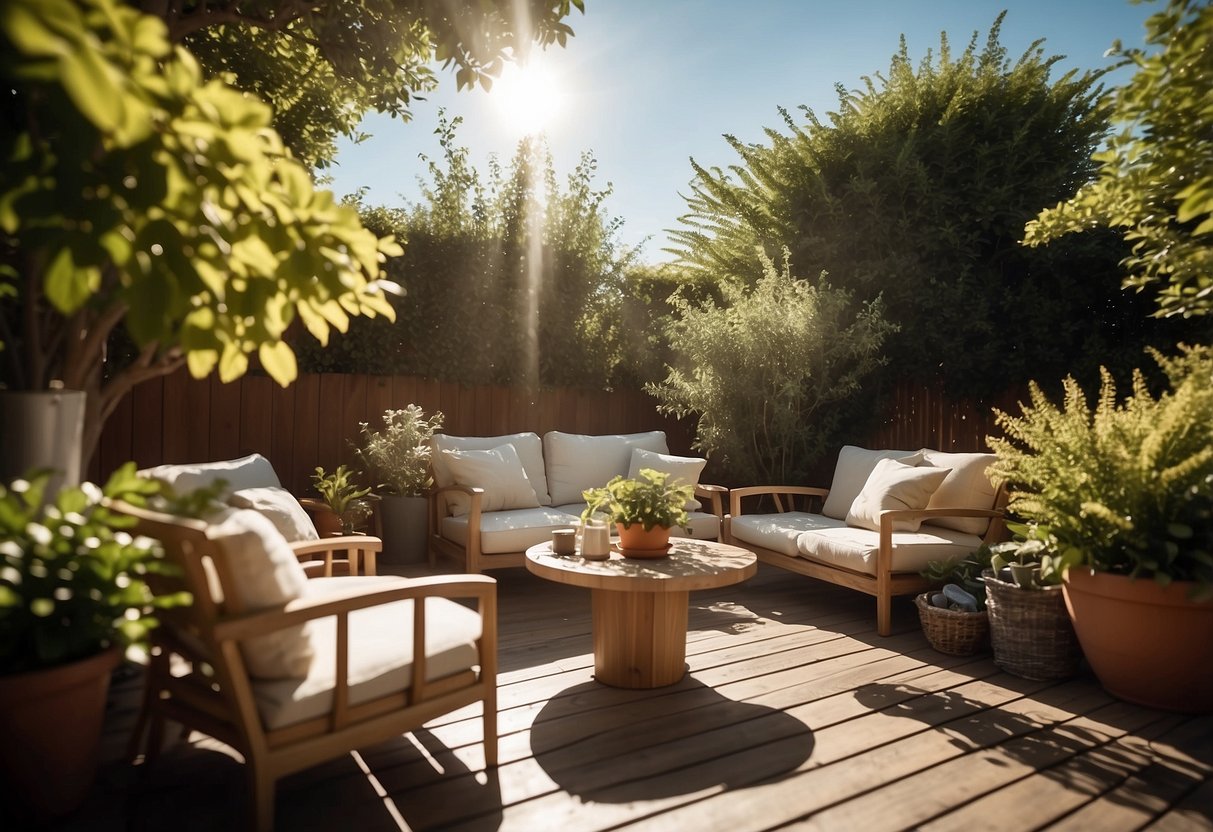 A sunny backyard with plastic outdoor furniture arranged on a patio, surrounded by green plants and a clear blue sky