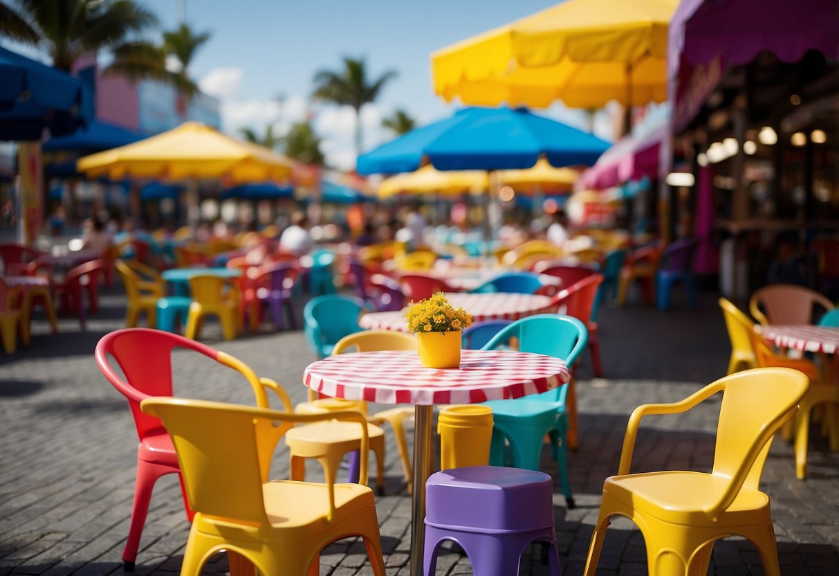 Colorful carnival furniture arranged in a bustling outdoor setting, with vibrant chairs, tables, and umbrellas creating a lively and inviting atmosphere