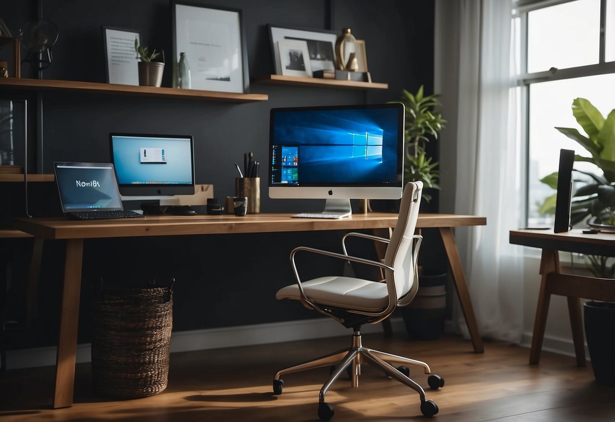 A sleek desk with a computer, ergonomic chair, shelves, and a minimalist lamp in a well-lit, organized modern home office