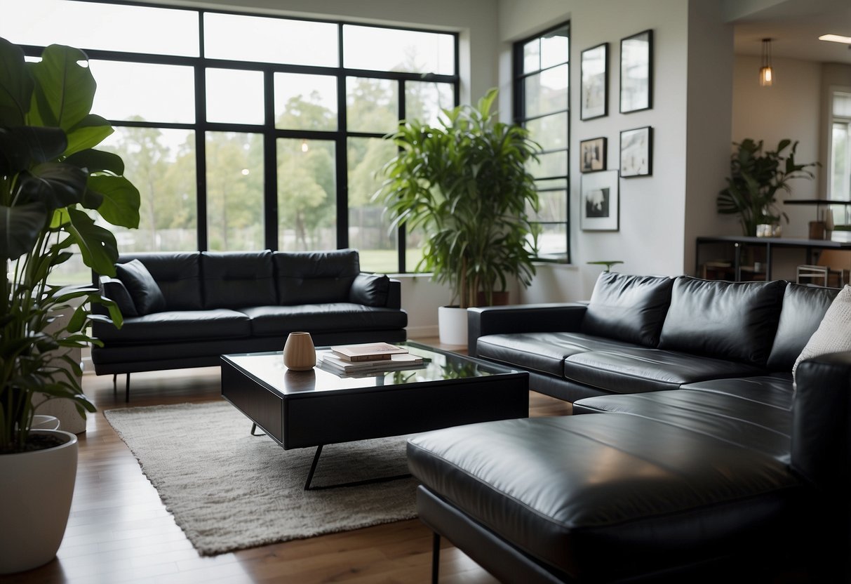 A modern living room with a sleek, black leather sofa, a glass coffee table, and a contemporary entertainment center. The room is bathed in natural light from a large window, with a potted plant in the corner