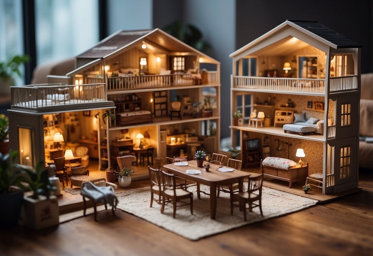 A dollhouse with various furniture options laid out, including chairs, tables, and beds, with price tags and labels indicating their affordability