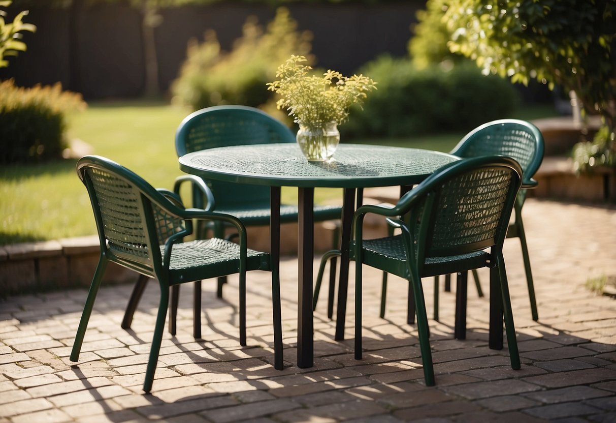 A sunny backyard with a green lawn and a patio set with plastic outdoor furniture, including a table and chairs