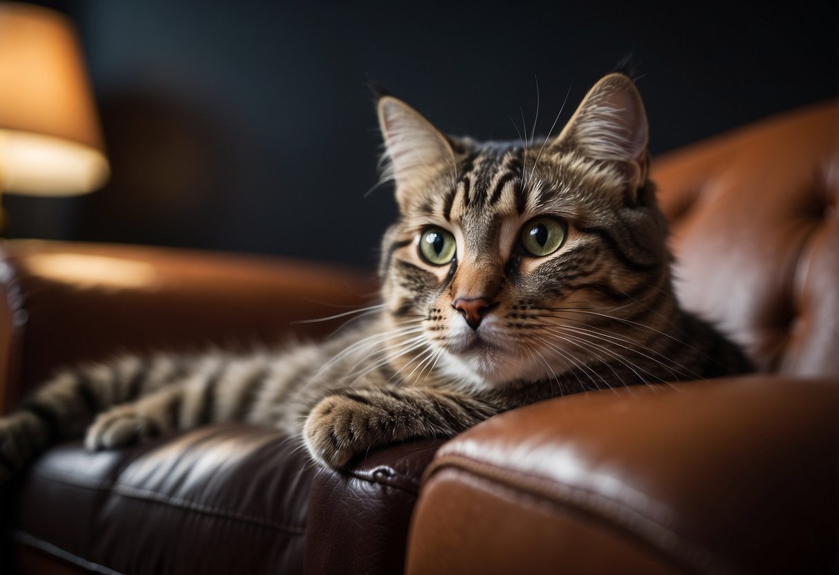 Cats lounging on leather furniture, with curious expressions and playful antics
