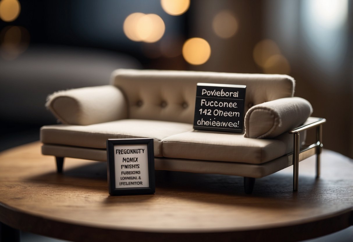 A stack of tiny furniture pieces, including a sofa, bed, and table, with a "Frequently Asked Questions" sign nearby