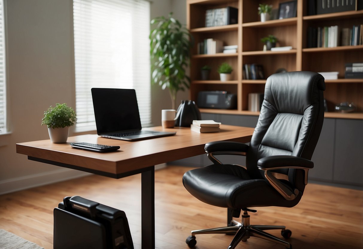 A sleek desk, ergonomic chair, and stylish bookshelf form a modern home office setup