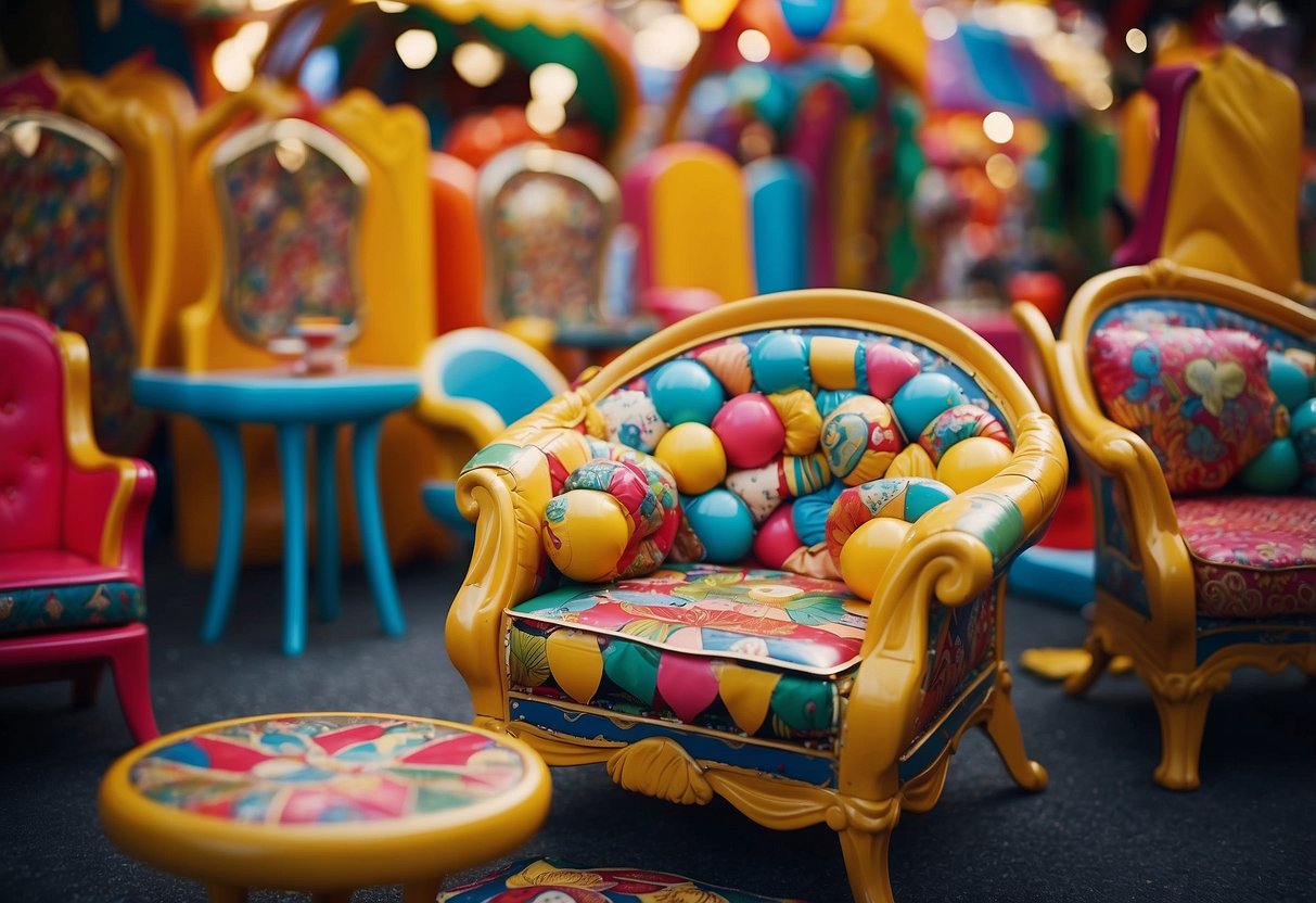 A colorful array of carnival furniture, adorned with bright patterns and whimsical designs, invites exploration and play