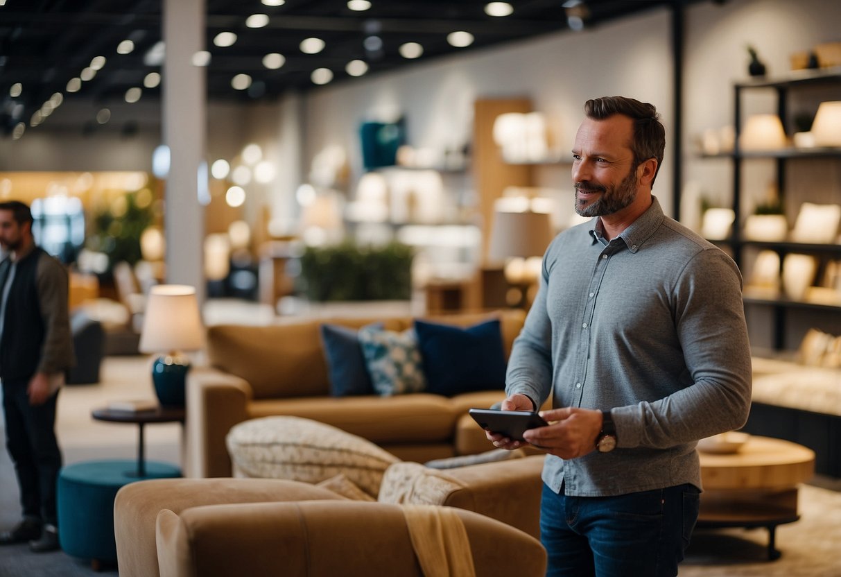 A customer browsing through stylish furniture displays at BT Furniture store