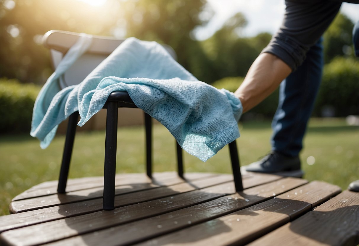 A person wipes down plastic outdoor furniture with a damp cloth, removing dirt and debris to maintain its cleanliness and appearance