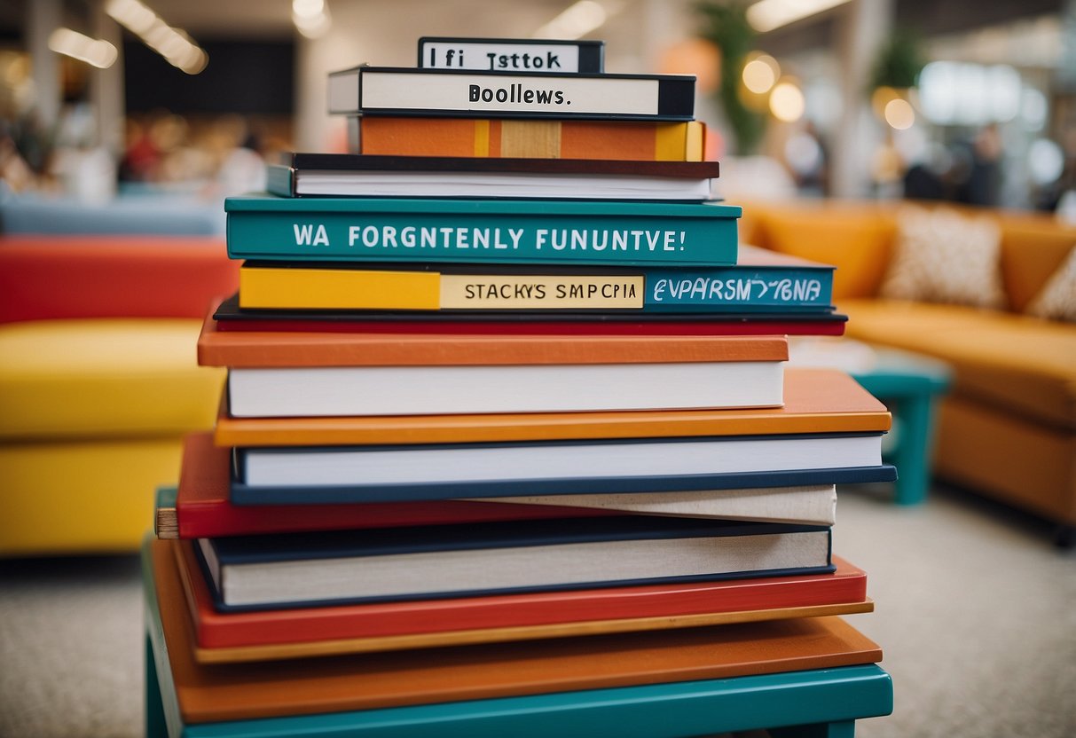 A stack of colorful, modern furniture pieces with price tags and a "Frequently Asked Questions" sign displayed prominently