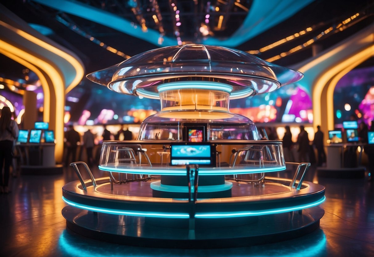 A futuristic carnival with sleek, high-tech furniture and interactive displays. Bright lights and bold colors create a dynamic, forward-thinking atmosphere