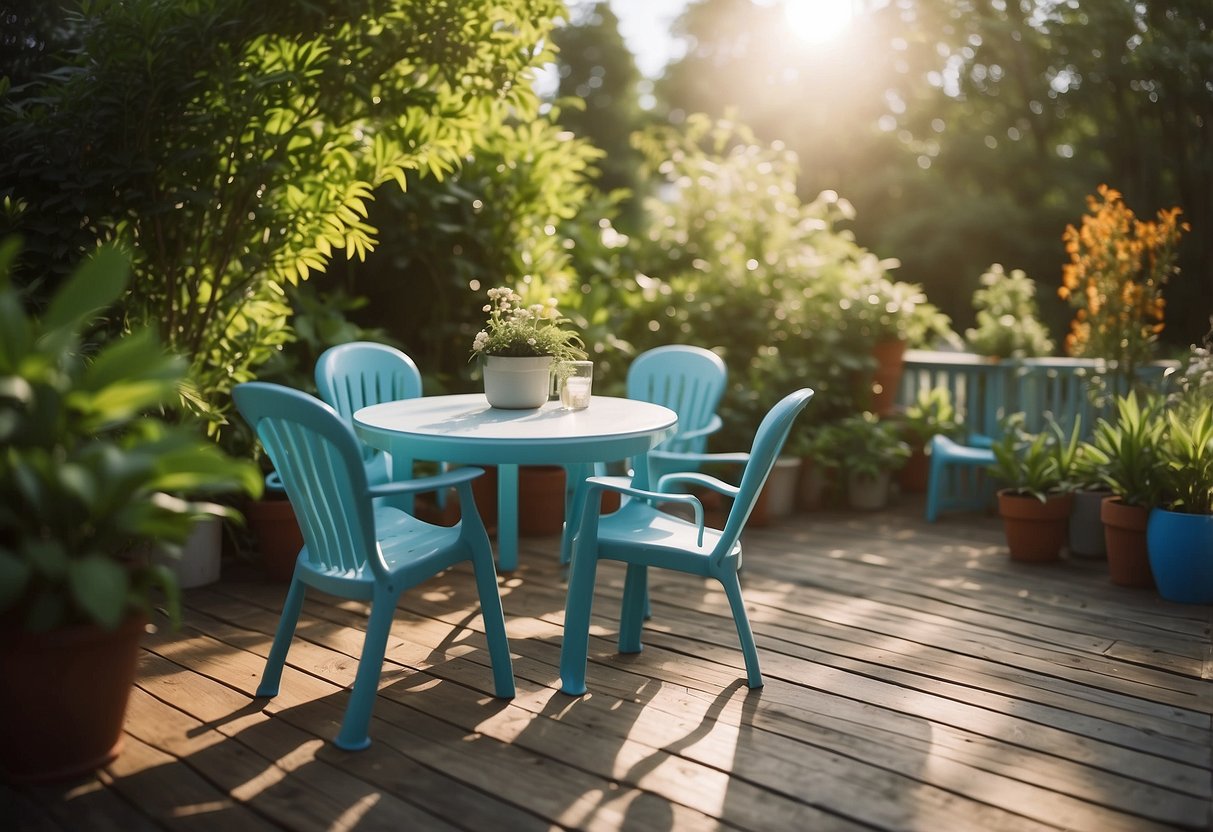 A backyard patio with a table and chairs made of plastic, surrounded by greenery and under a blue sky