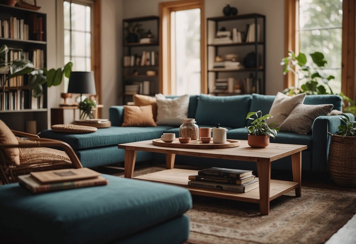 A cozy living room with a comfortable sofa, stylish coffee table, and a bookshelf filled with various decorative items and books