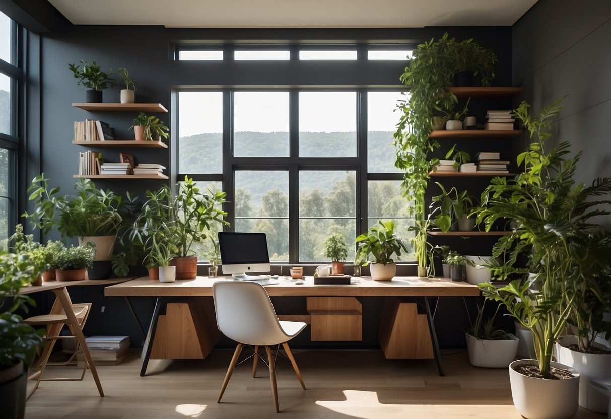 A sleek desk with a minimalist chair, surrounded by floating shelves and a modern bookcase. A large window brings in natural light, and a potted plant adds a touch of greenery