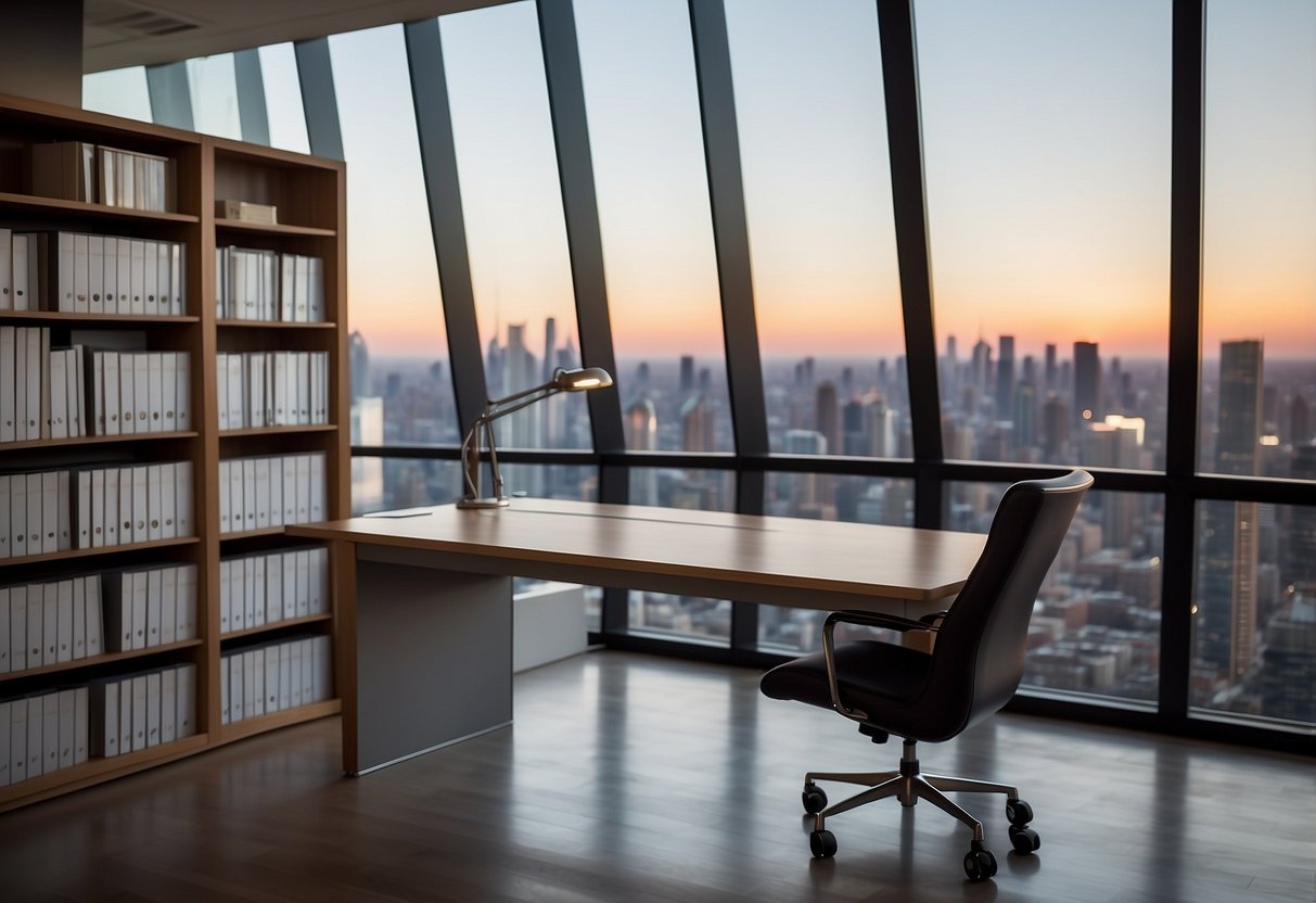 A sleek, minimalist desk and chair set against a backdrop of floor-to-ceiling windows with a view of a city skyline. Shelves and storage units neatly organize office supplies and decor