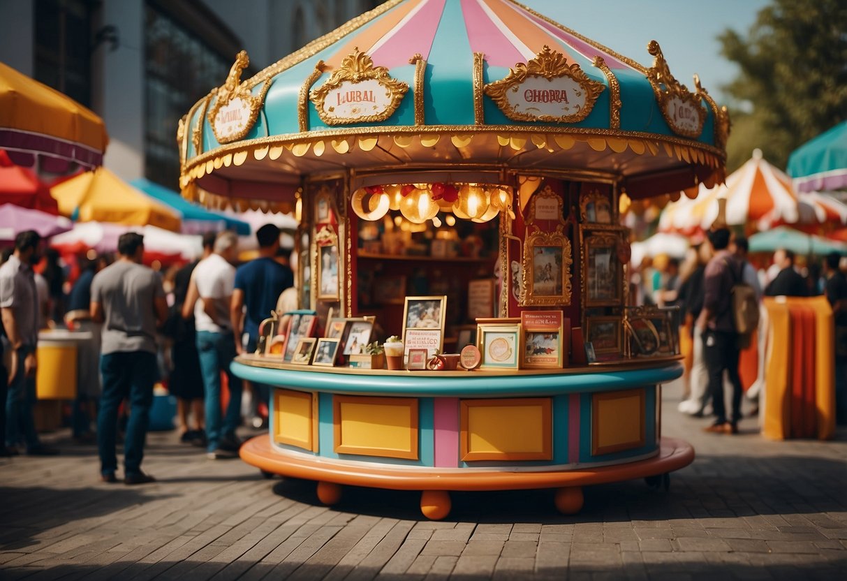 A colorful carnival booth with various furniture pieces on display, surrounded by curious onlookers