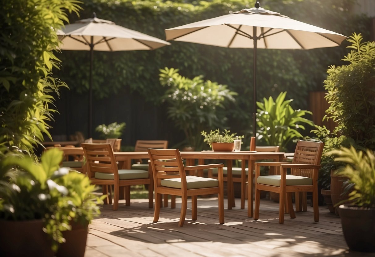A patio adorned with teak outdoor furniture, basking in the warm sunlight with a lush green backdrop