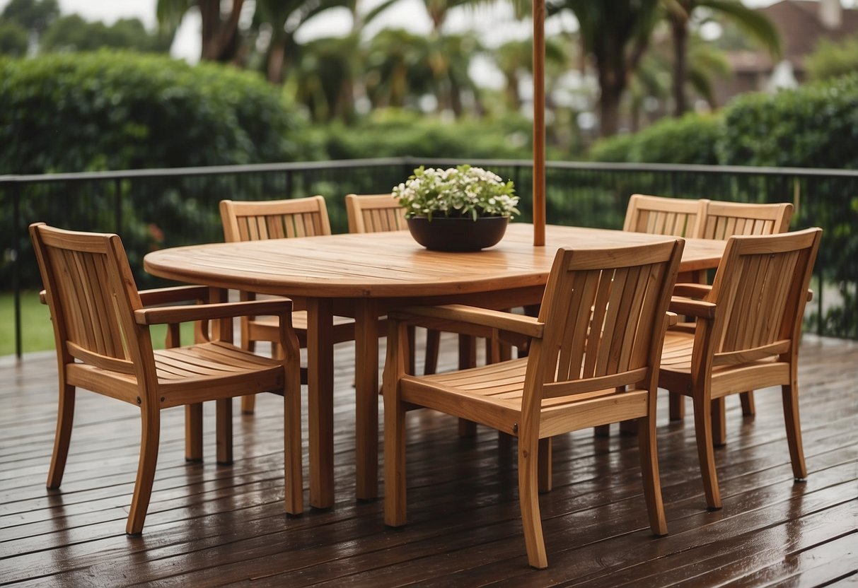 A teak outdoor dining set withstands rain and sun, showcasing its durability and timeless style