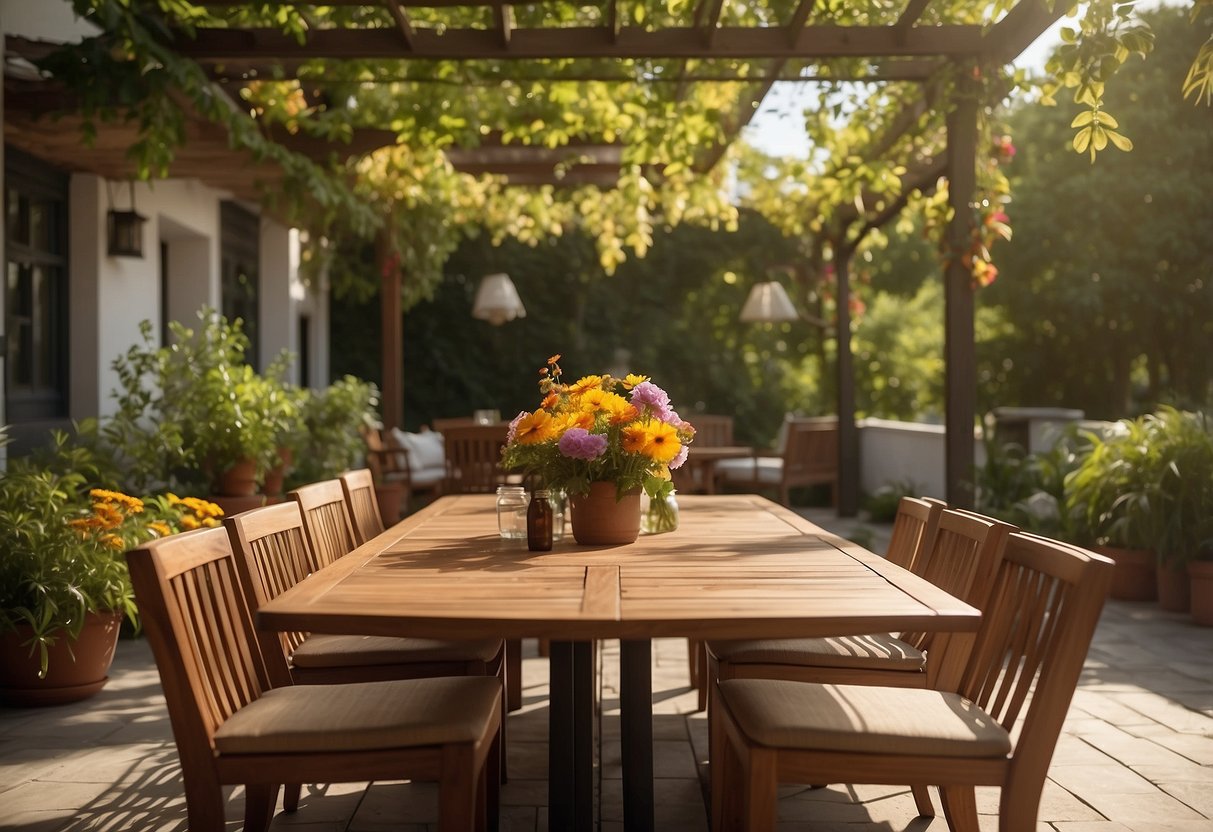 A sunny patio with a teak dining set, surrounded by lush greenery and colorful flowers, with a gentle breeze rustling the leaves