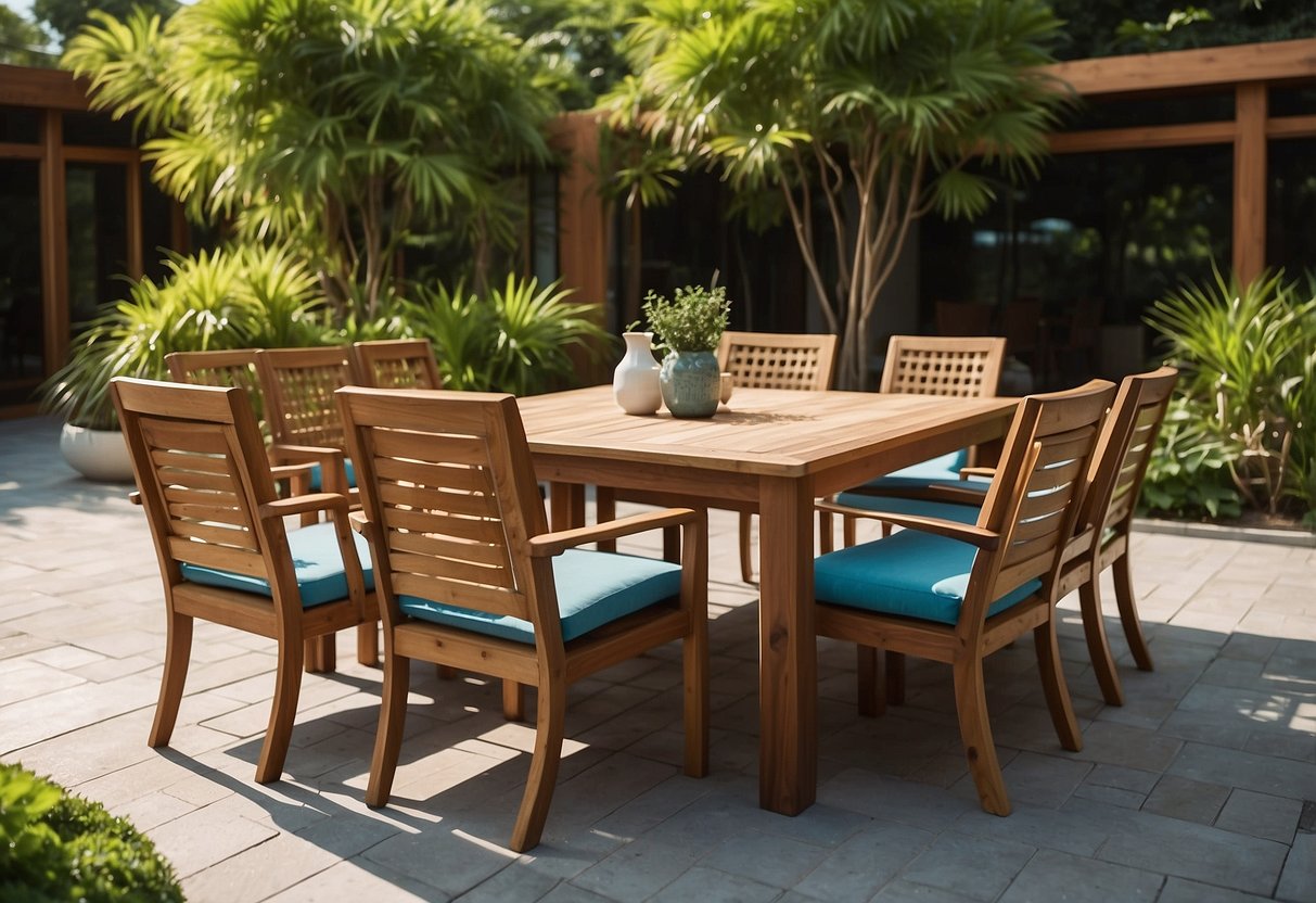 A patio setting with a teak dining set, surrounded by lush greenery and under a clear blue sky