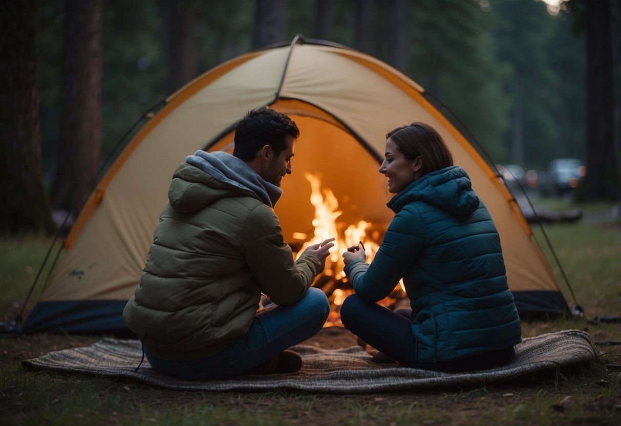 A couple sits around a crackling campfire, roasting marshmallows on sticks. A tent and camping gear are scattered around them as they enjoy the peaceful evening