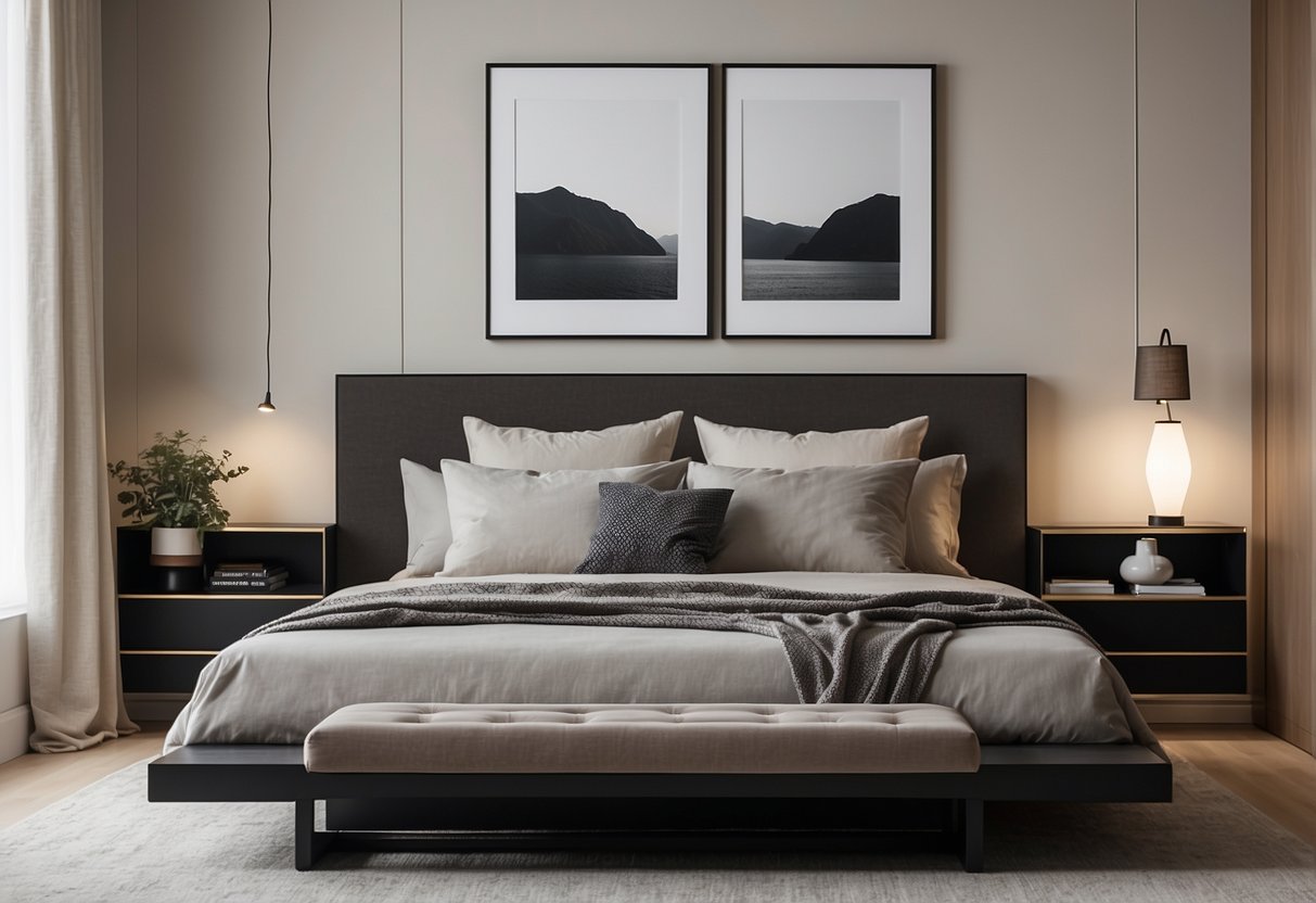 A sleek, minimalist bedroom with a platform bed, clean lines, and neutral colors. A large, framed artwork hangs on the wall above the bed, while a low-profile dresser and nightstands complete the modern look