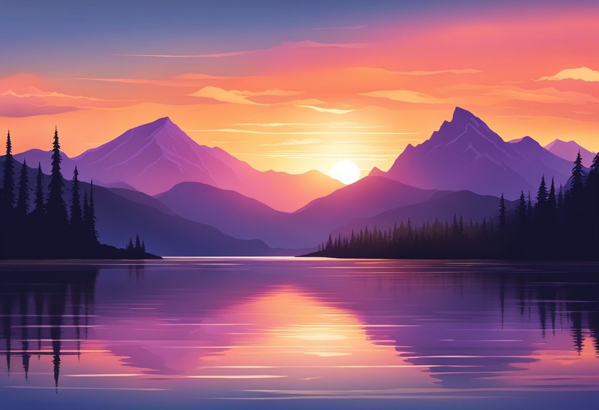 A vibrant sunset over a tranquil lake, reflecting the silhouette of a majestic mountain range in the distance