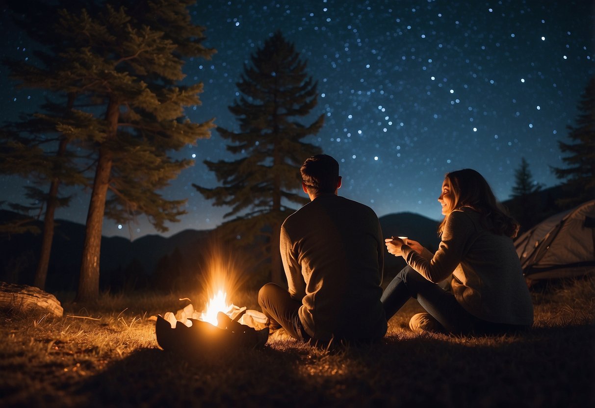 A couple sits by a crackling campfire, surrounded by towering trees and a starry night sky. A tent is pitched nearby, and the glow of a lantern illuminates their cozy campsite